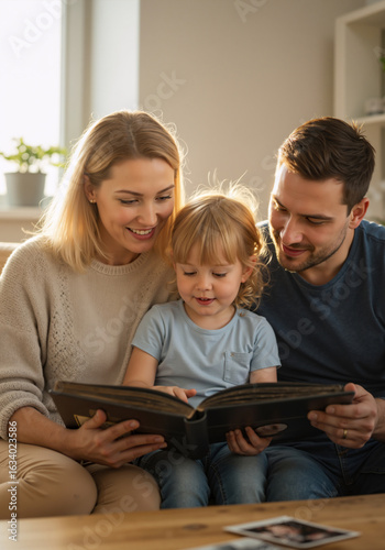 Vertical photo of a family looking at a photo album. Happy parents and their daughter sharing memories at home.