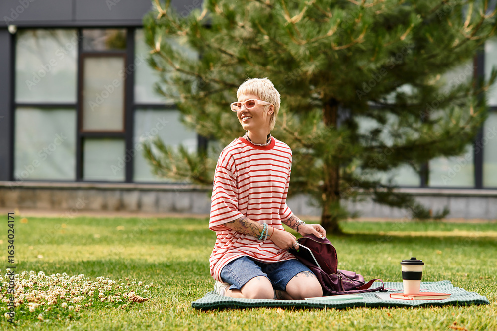 Fototapeta premium Young stylish woman enjoying a sunny day in a serene park setting