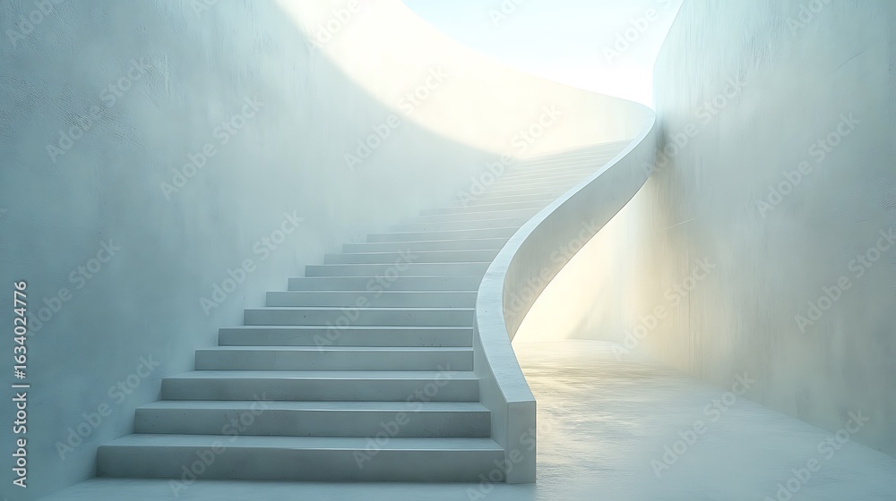 Fototapeta premium A smooth concrete infinity staircase set in a minimalist white room, soft indirect lighting casting gentle shadows, creating a serene architectural scene. modern vibe, muted palette, clean lines.
