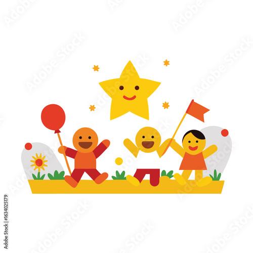 Vibrant scene of children celebrating with balloons, set against a cheerful background for Children's Day.