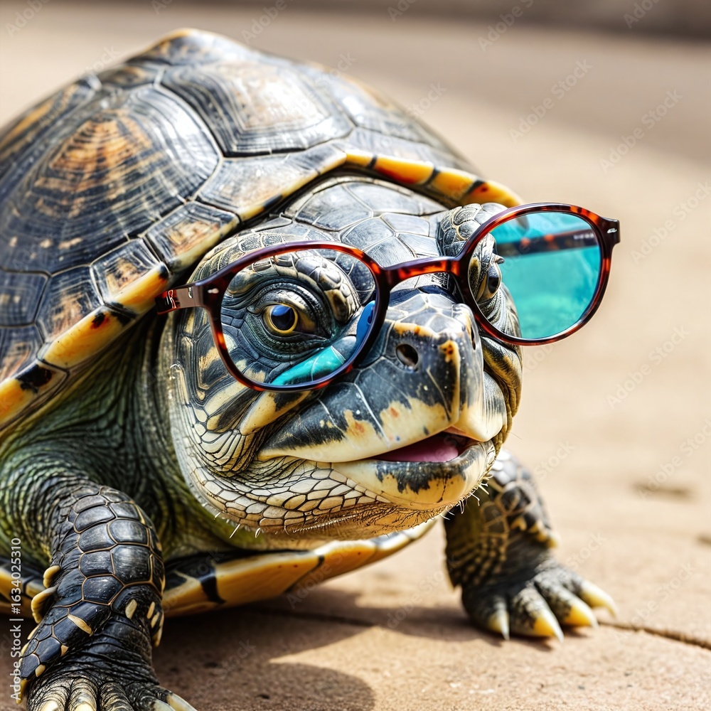 Naklejka premium wise turtle wears glasses, radiating intelligence and wisdom 
