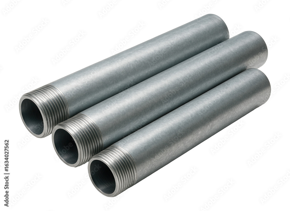 Fototapeta premium Three metallic threaded pipes aligned parallel to each other on transparent background.