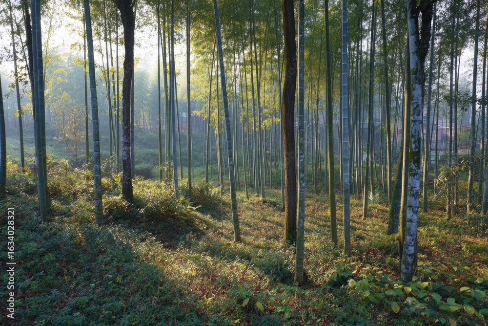 Fototapeta premium Sunlit bamboo forest, sloping terrain
