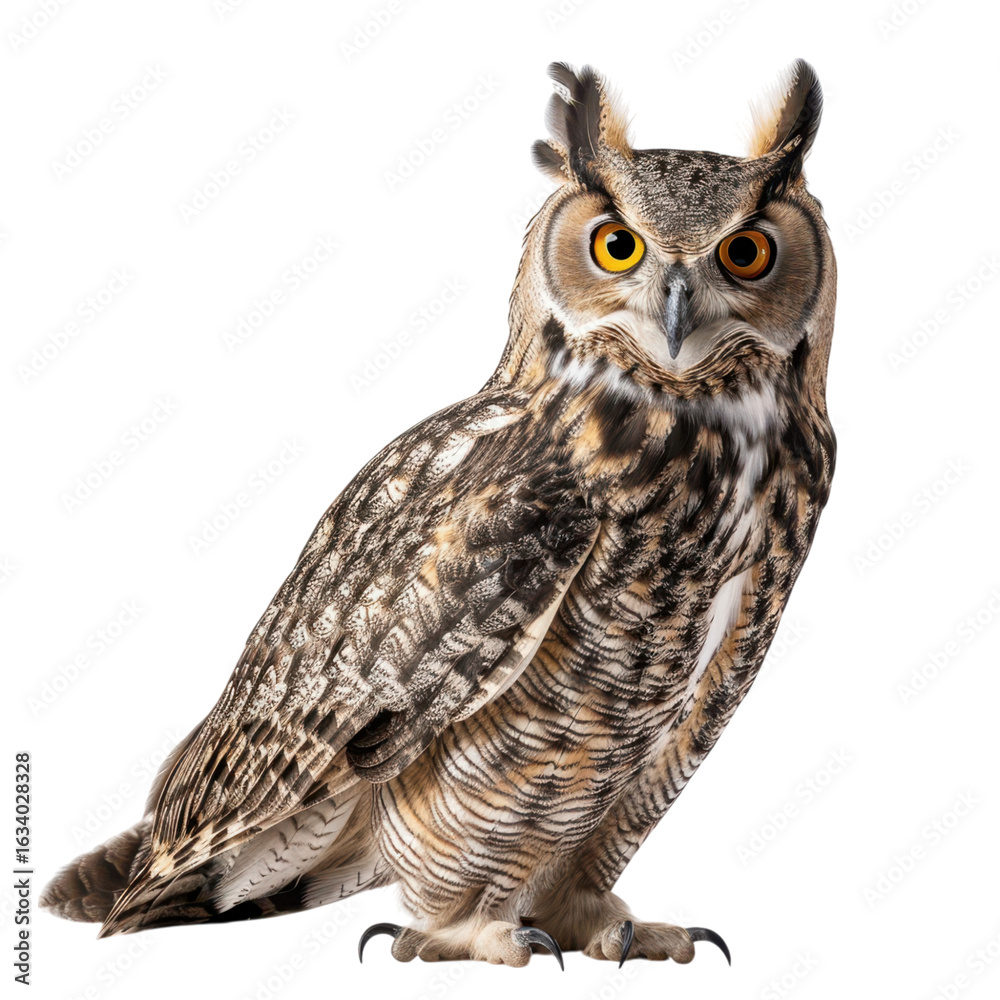 Obraz premium Majestic Owl with Striking Eyes Perched on a Branch in Nature