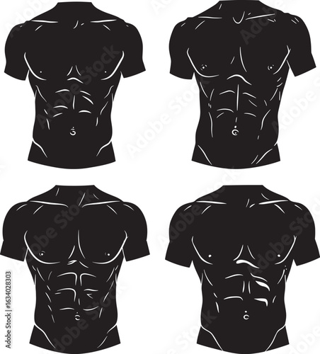 Four views of a muscular male torso in black silhouette