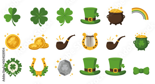St. Patrick's Day flat icon set with clovers gold and lucky items
