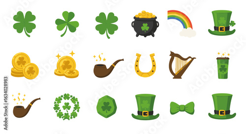 St. Patrick's Day flat icon set with clovers gold and lucky items