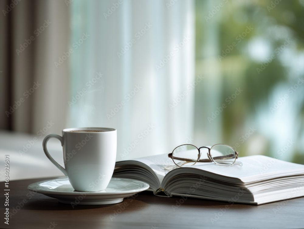 Fototapeta premium Steaming cup of coffee on saucer next to open book with eyeglasses on wooden table by window with soft natural light