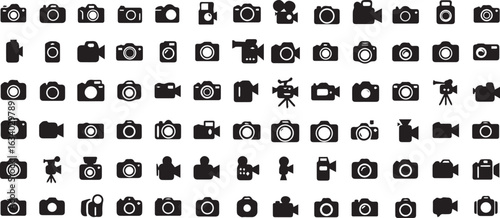 Collection of black camera and camcorder icons in rows and columns on a white background video camera