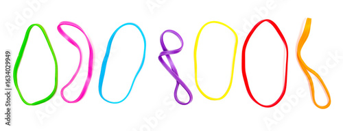 Tableau sur toile Set colorful rubber bands isolated on white background, top view