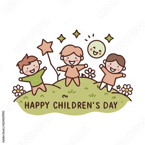 Vibrant scene of children celebrating with balloons, set against a cheerful background for Children's Day.
