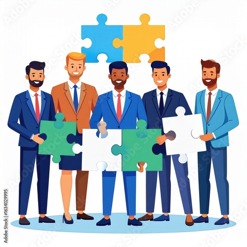 Diverse Professional Team Unites Holding Giant Puzzle Pieces for a Shared Solution.