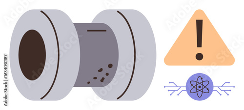 Reactor core cylinder with heat marks, warning sign, and atomic energy icon. Ideal for safety, technology, energy, risk, innovation industry and caution themes. Simple flat metaphor