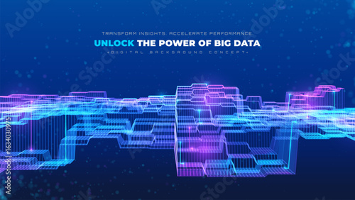 Big digital data grid flow with abstract glowing line waves background, Vector illustration design concept for futuristic technology scene, science, cyber security.