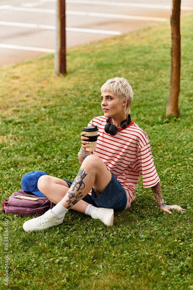 Fototapeta premium Stylish young woman enjoying coffee while sitting in a park on a sunny day
