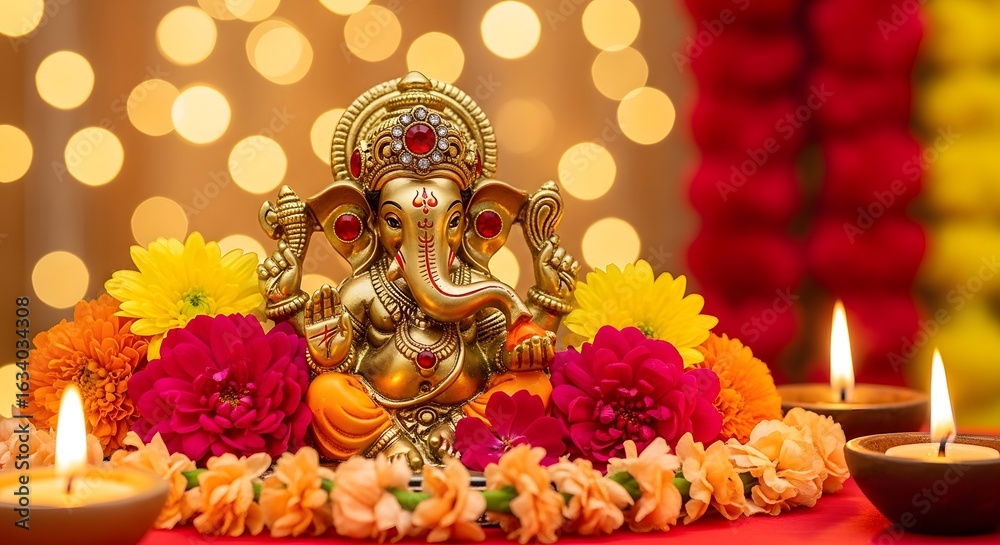 Obraz premium Golden ganesha statue adorned with vibrant flowers and illuminated by the soft glow of candles light