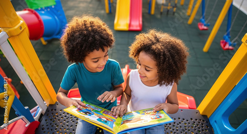 Two children reading a book together on a playground structure with slides and swings in the background