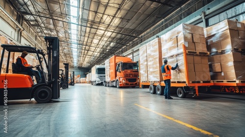 Freight trucks unloading at warehouse dock
