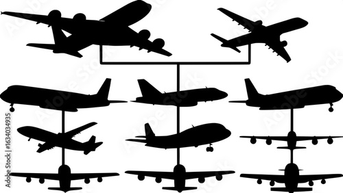 “Diagram-like layout of black silhouettes of airplanes on a white background, featuring diverse models from large commercial jets to small single-prop planes, arranged from left to right and top to bo