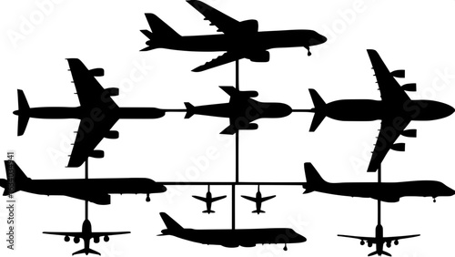 “Diagram-like layout of black silhouettes of airplanes on a white background, featuring diverse models from large commercial jets to small single-prop planes, arranged from left to right and top to bo
