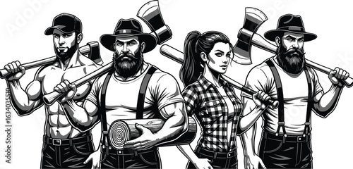 Rugged lumberjacks and a strong woman carry axes and logs, ready for work