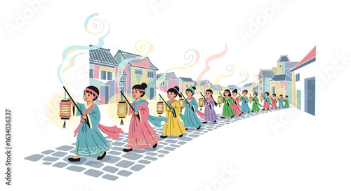 A procession of young girls in colorful traditional dresses carrying lanterns on a historic street.
