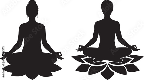 Two figures meditating in lotus pose on lotus flowers silhouette