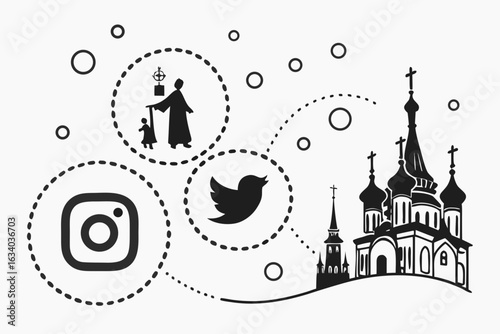 Vector art of social media icons connected to an orthodox church and religious figures