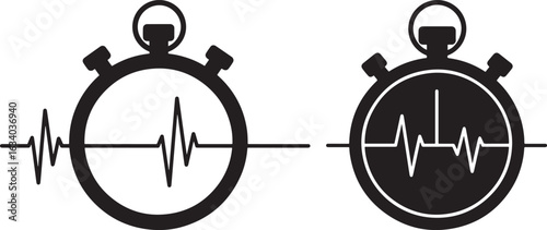 Two stopwatch silhouettes with heart rate monitor lines silhouette