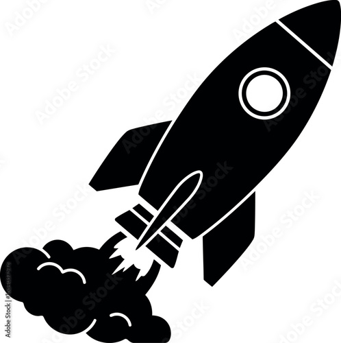 Black rocket ship launching with smoke trail