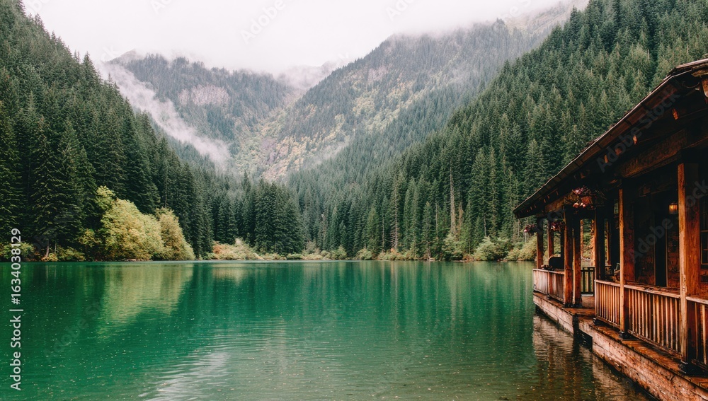Fototapeta premium Misty mountain lake with wooden cabin