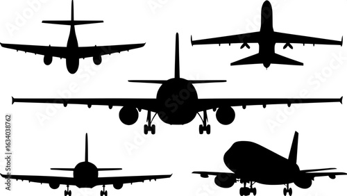 “Black airplane silhouette set showing various designs, including cargo aircraft, commercial airliners, and small planes, each depicted in a flat, outline-only style against a plain white backdrop, wi