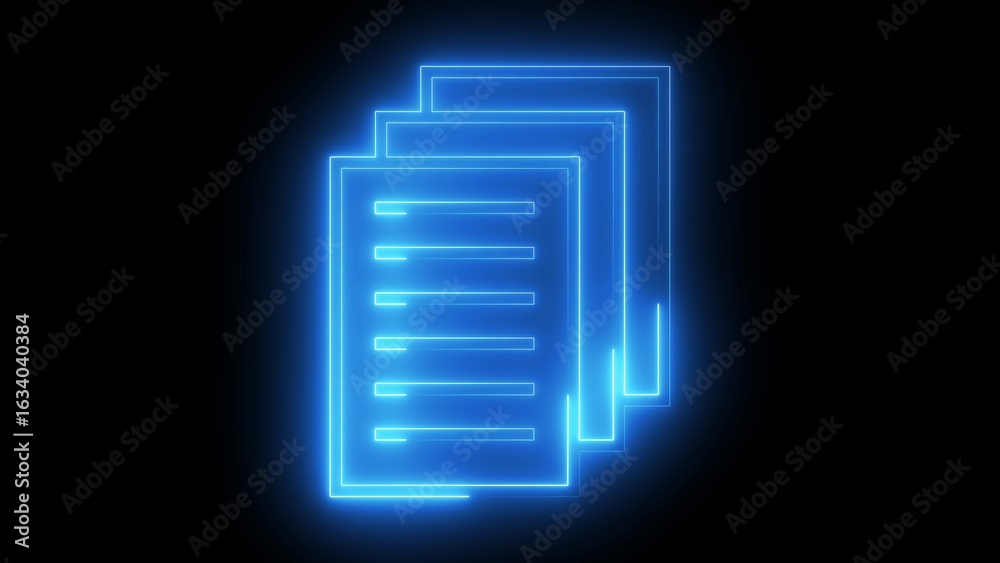 Glowing Blue Neon Document Pages Stacked on Black Background documents paper Glowing Blue Neon Document Pages Stacked on Black Background documents paper