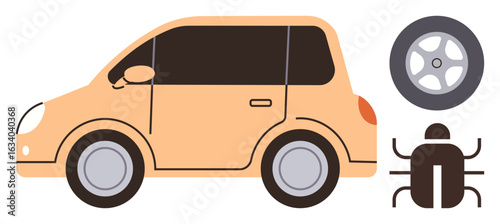 Side view of a compact car, spare tire, and bug symbolizing vehicle maintenance, repair, and safety. Ideal for transport, auto service, troubleshooting, security mobility innovation simple flat