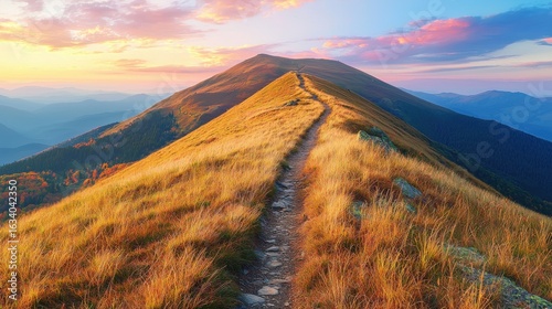Mountain trail leading along the mountain ridge of beautiful mountains with autumn grass and colorful sky. 