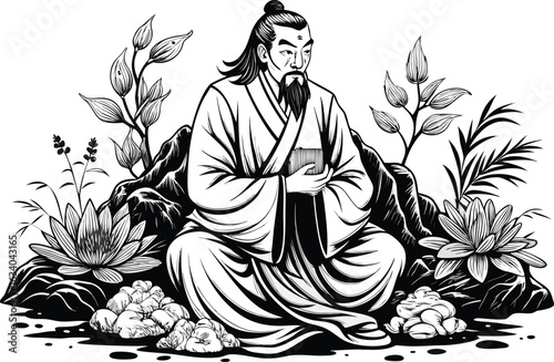 Traditional Ink-Style Illustration of a Seated Ancient Chinese Scholar Amid Nature Holding a Book in a Peaceful Garden Setting