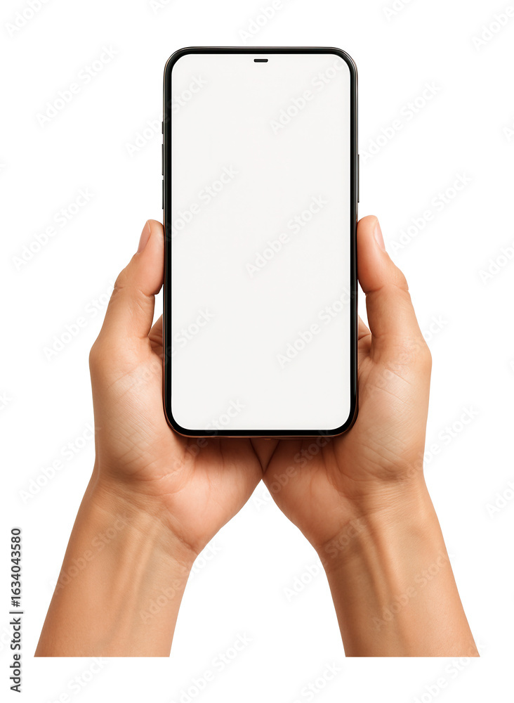 Hands holding a modern smartphone with a blank screen, suitable for design mockups and presentations on transparent background.