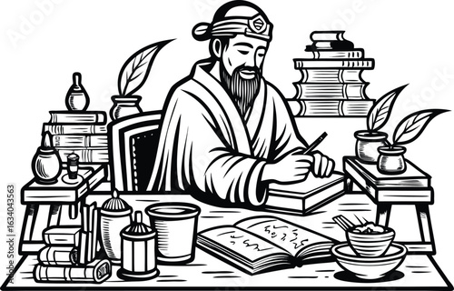 Traditional Ink-Style Illustration of a Seated Ancient Chinese Scholar Amid Nature Holding a Book in a Peaceful Garden Setting