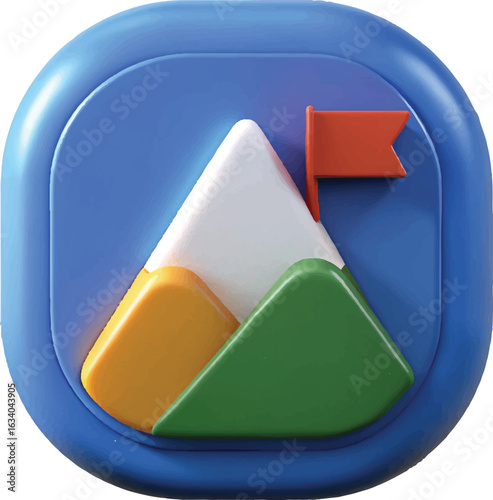 Stylized 3d mountain peak with flag on blue rounded square icon isolated on transparent background
