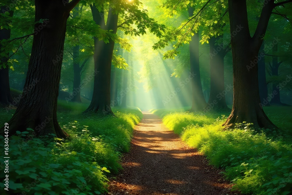 Obraz premium Sun-dappled forest path winds through lush green trees, sunlight filtering through leaves, creating a magical atmosphere Perfect for nature, travel, and fantasy themes , path, fall