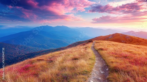 Fototapeta Naklejka Na Ścianę i Meble -  Mountain trail leading along the mountain ridge of beautiful mountains with autumn grass and colorful sky. 