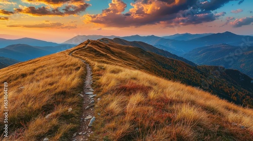Fototapeta Naklejka Na Ścianę i Meble -  Mountain trail leading along the mountain ridge of beautiful mountains with autumn grass and colorful sky. 