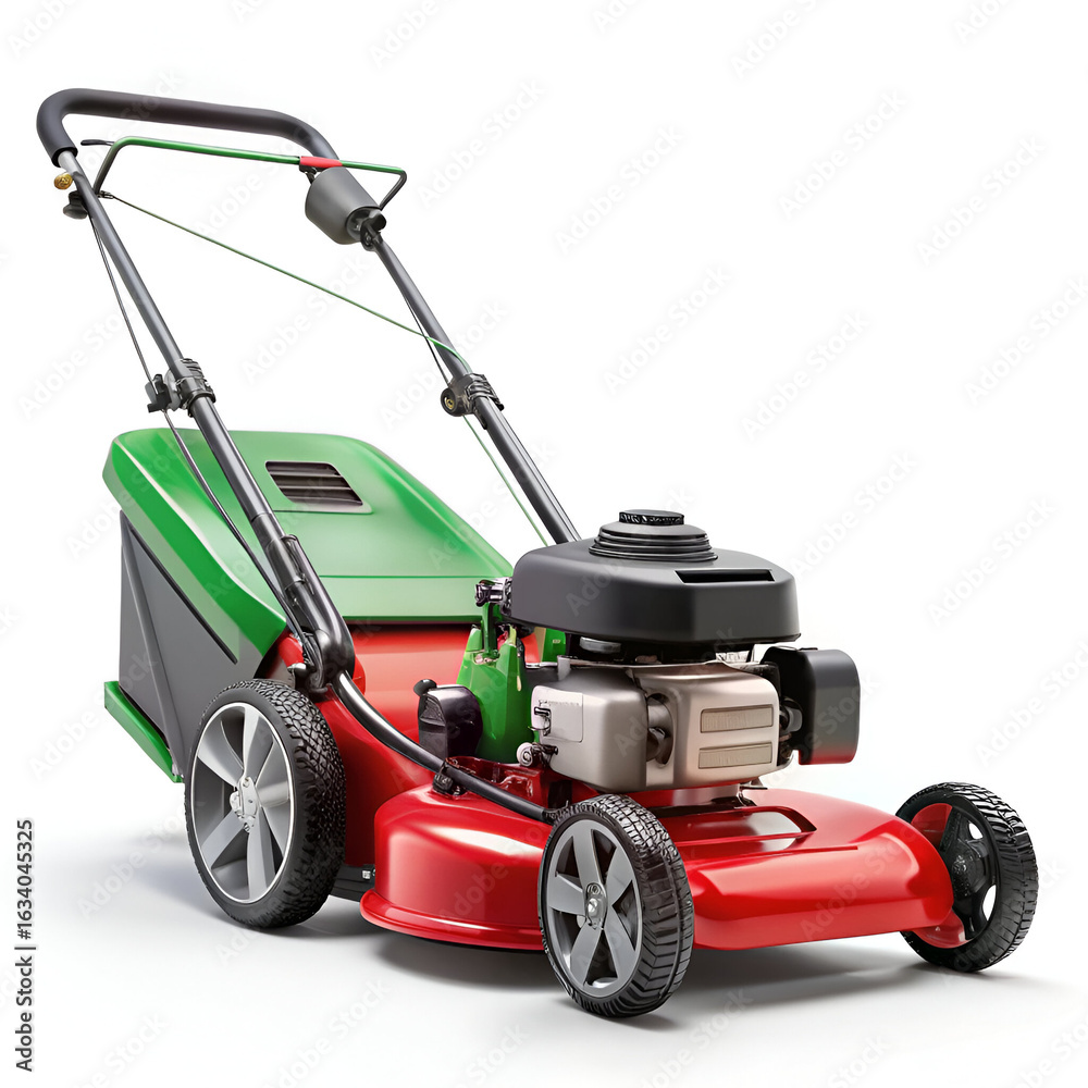 Fototapeta premium Red and green lawn mower isolated on white background for garden maintenance and yard work