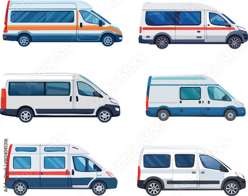 Set of modern shuttle vans side view vector illustration – passenger transport, delivery van, camper van, emergency minibus – clean flat style on white background