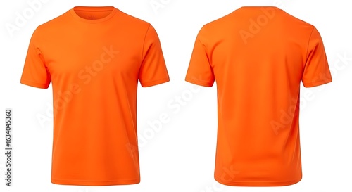 Bright orange tshirt front and back view isolated on white background