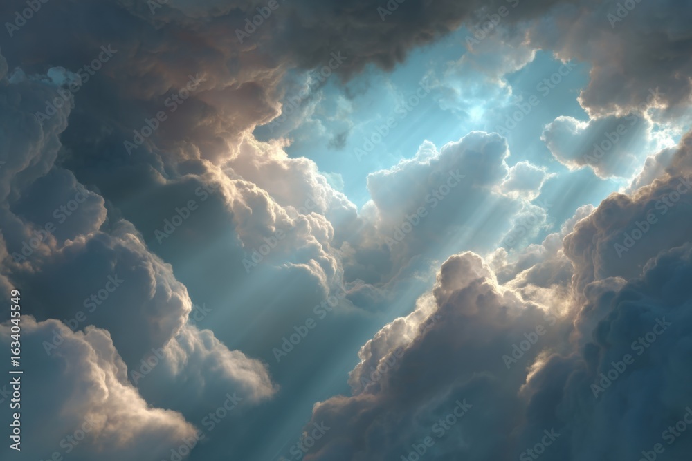 Naklejka premium Golden rays of sunlight break through thick, dark clouds, casting a mesmerizing glow in the vast blue sky above