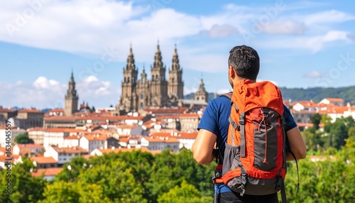 A traveler enjoying the scenic view of Santiago de Compostela Cathedral, Spain