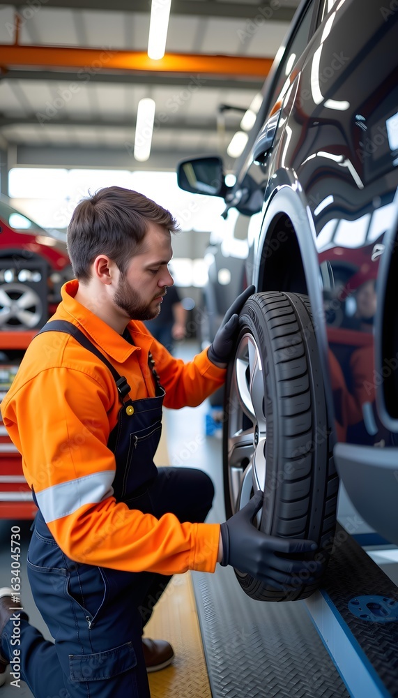 custom made wallpaper toronto digitalProfessional male technician inspecting tire at auto repair shop wearing orange shirt and gloves with modern vehicles in background
