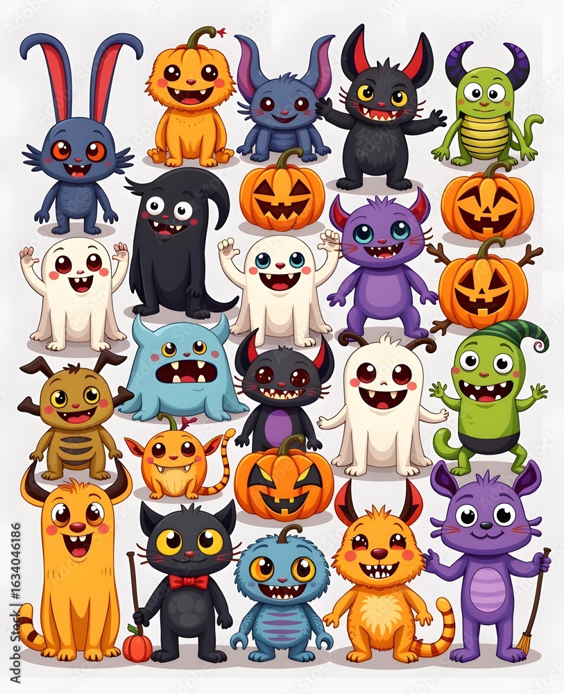 Naklejka premium Cute and Colorful Cartoon Monsters and Creatures for Halloween Celebration with Expressions of Joy and Playfulness in a Fun Setting