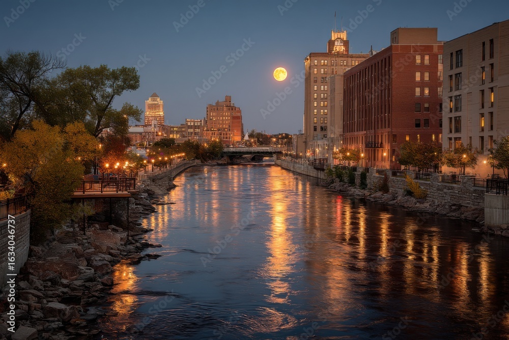 Fototapeta premium A serene river flows through the city, illuminated by a bright full moon and reflecting city lights as dusk approaches